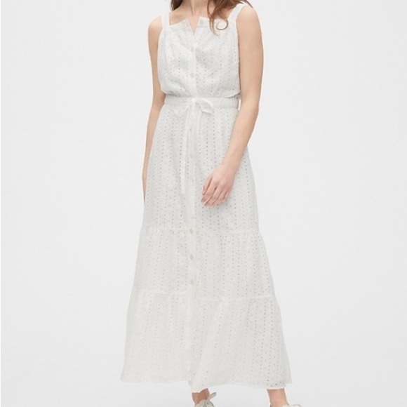 Gap Apron Eyelet Maxi Dress Optic White - 6 - Picture 1 of 6